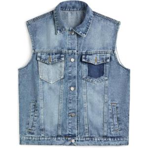 EMMIOL Y2K Sleeveless Denim Vest Women, Jean Vest Top Distressed Vintage, Waistcoat Jacket Oversized Contrast Panel 4 Pockets(Blue)