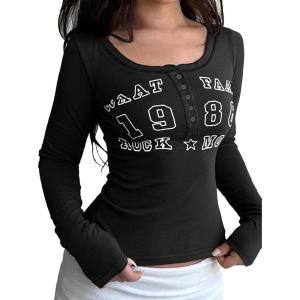Women Long Sleeve Shirts Henley T-Shirts Ribbed Graphic Crop Tops Cute Tee Going Out(Black)