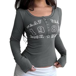 Women Long Sleeve Shirts Henley T-Shirts Ribbed Graphic Crop Tops Cute Tee Going Out(Grey)