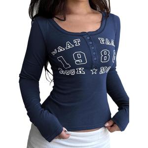 Women Long Sleeve Shirts Henley T-Shirts Ribbed Graphic Crop Tops Cute Tee Going Out(Navy Blue)