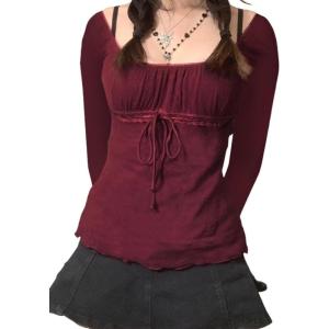 Y2K Mesh Top Women Long Sleeve Shirts Scoop Neck Ruffle Hem Babydoll Blouse(Burgundy)