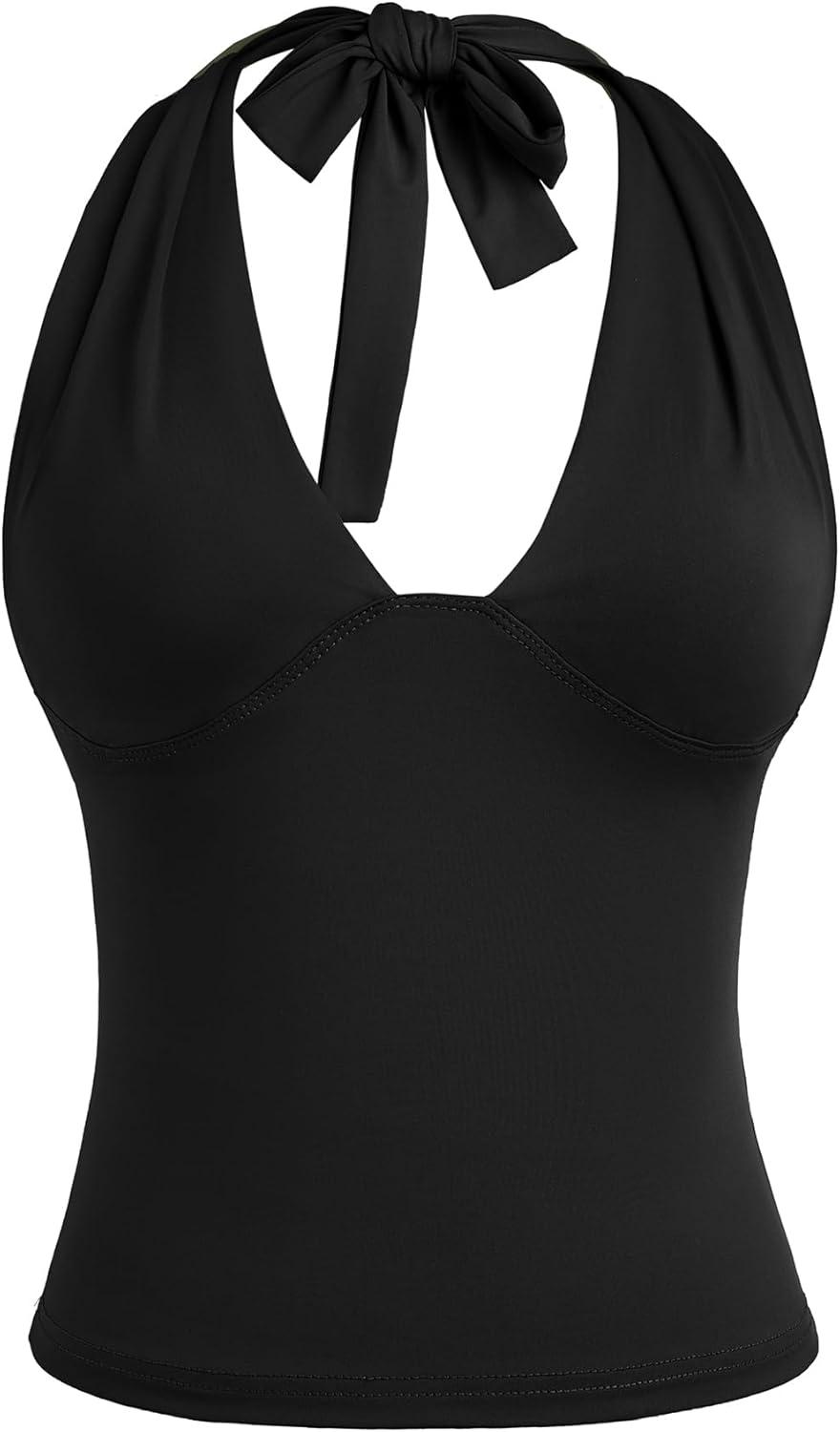 imageEMMIOL Halter Tops for Women Summer Crop Deep V Neck Blackless Tank Top Going Out Y2k Coquette ClothesBlack