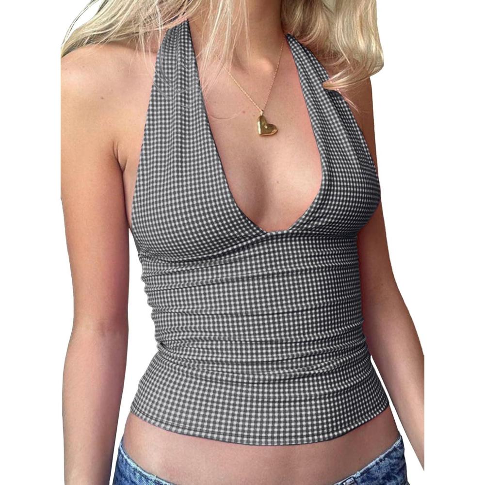 imageEMMIOL Halter Tops for Women Summer Crop Deep V Neck Blackless Tank Top Going Out Y2k Coquette ClothesBlack Plaid