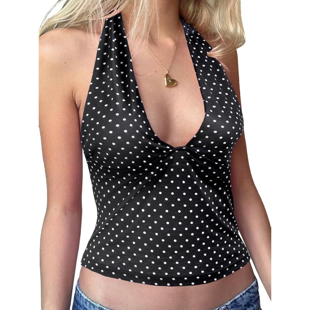 imageEMMIOL Halter Tops for Women Summer Crop Deep V Neck Blackless Tank Top Going Out Y2k Coquette ClothesBlack Polka Dot