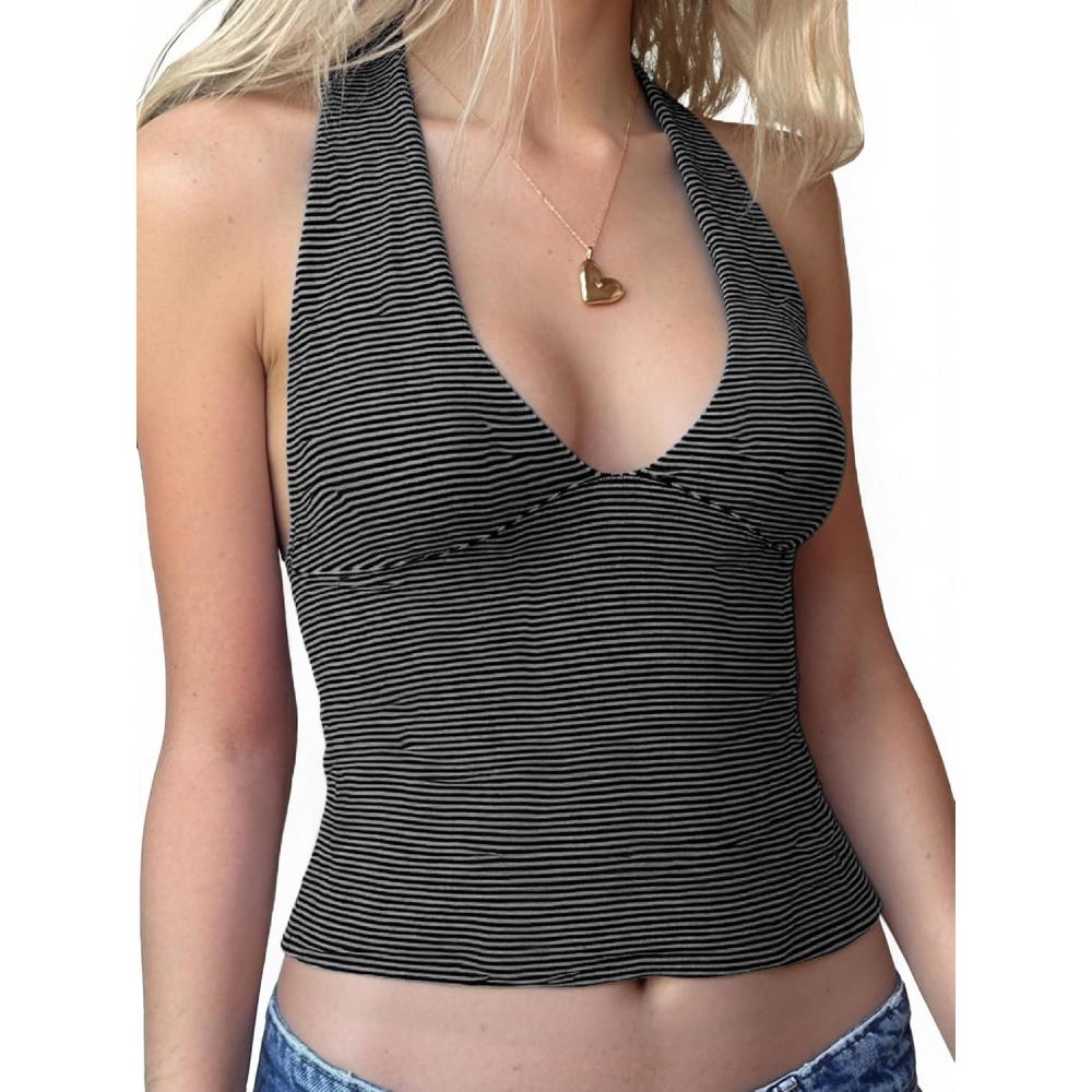 imageEMMIOL Halter Tops for Women Summer Crop Deep V Neck Blackless Tank Top Going Out Y2k Coquette ClothesBlack Striped