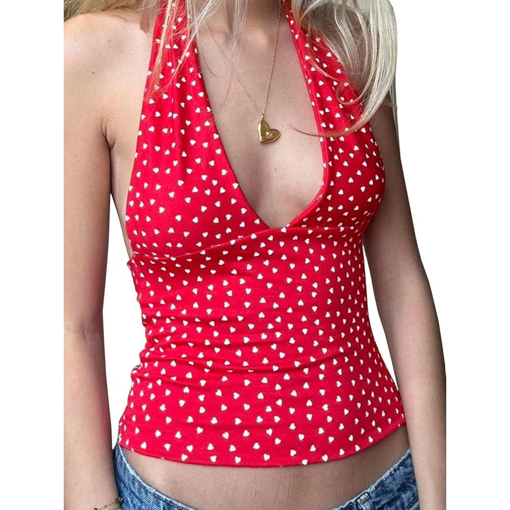 imageEMMIOL Halter Tops for Women Summer Crop Deep V Neck Blackless Tank Top Going Out Y2k Coquette ClothesRed Polka Dot