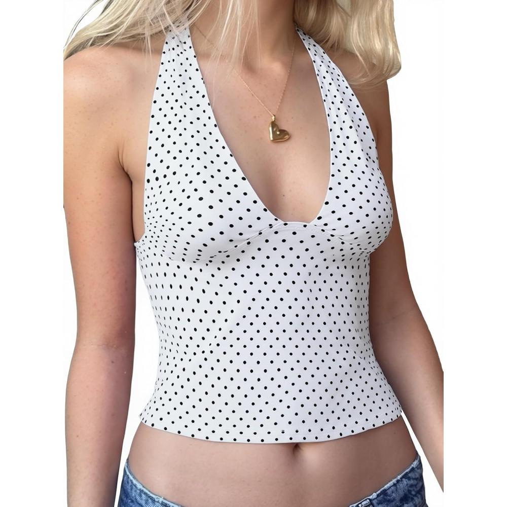 imageEMMIOL Halter Tops for Women Summer Crop Deep V Neck Blackless Tank Top Going Out Y2k Coquette ClothesWhite Polka Dotwith Padded