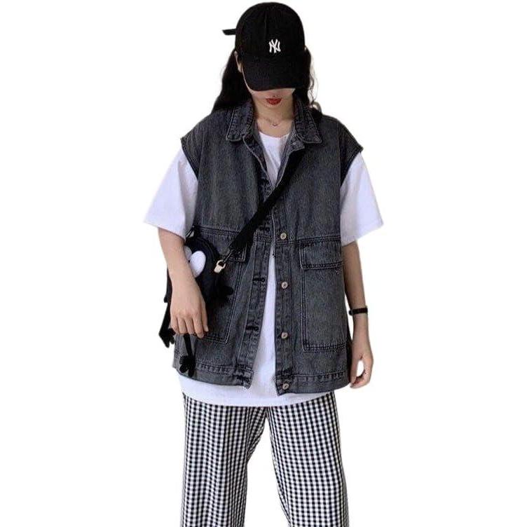 imageEMMIOL Jean Vest Top for Women Casual Denim Vest Sleeveless Jean Jacket with PocketsBlack049