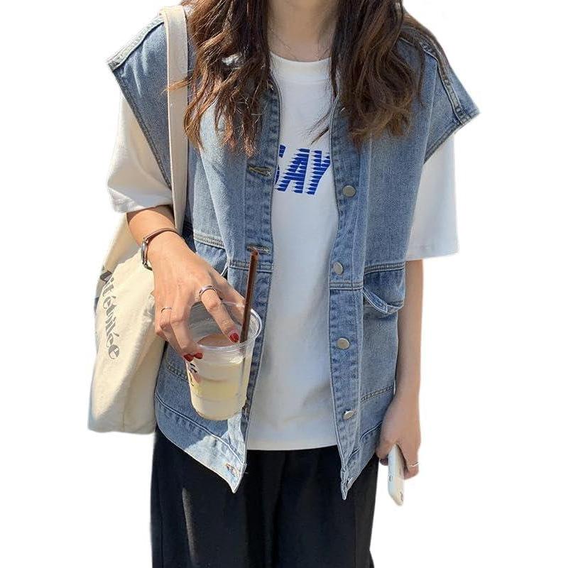 imageEMMIOL Jean Vest Top for Women Casual Denim Vest Sleeveless Jean Jacket with PocketsBlue049