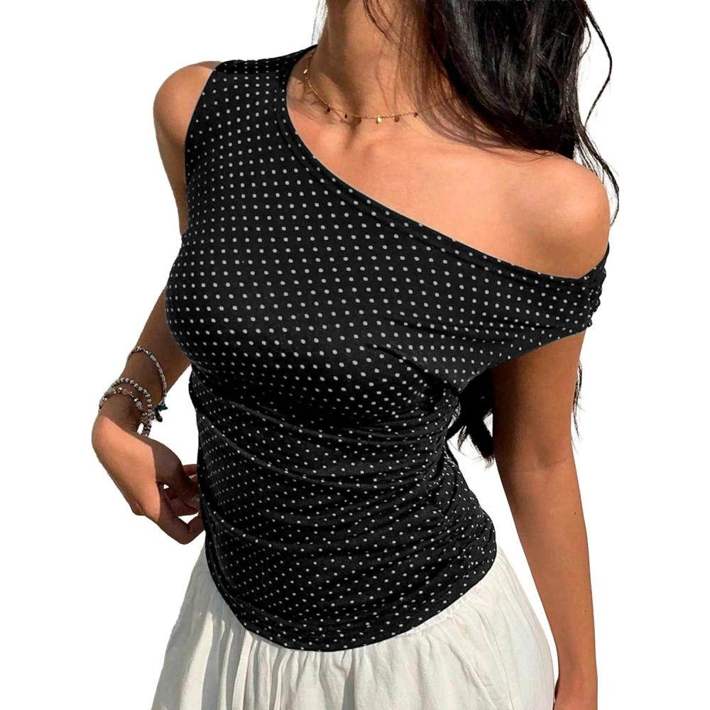 imageEMMIOL Off Shoulder Tops for Women Cute Sleeveless Polka Dot Shirts Ruched Sexy Going Out Tank Top Y2K ClothesBlack Polka Dot