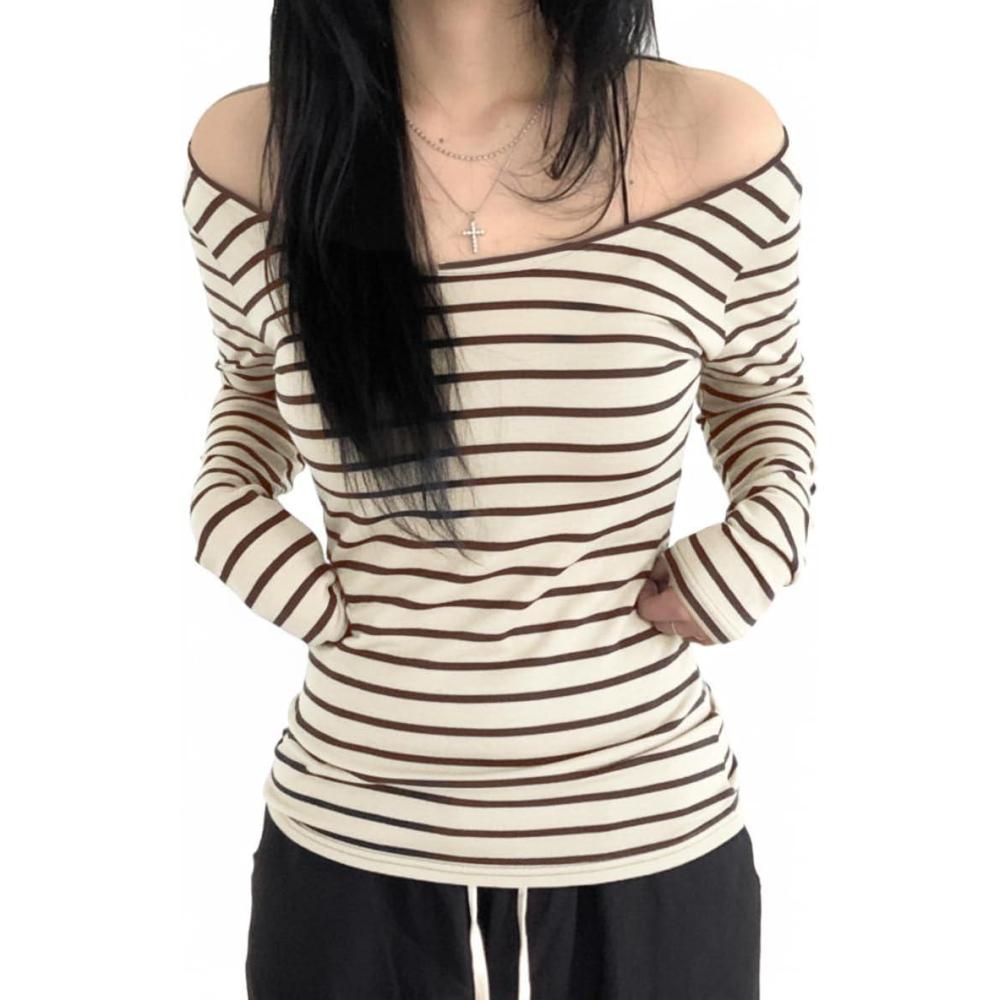imageEMMIOL Off The Shoulder Tops for Women Striped Long Sleeve Shirts Going Out Top Y2k Fall ClothesBeige