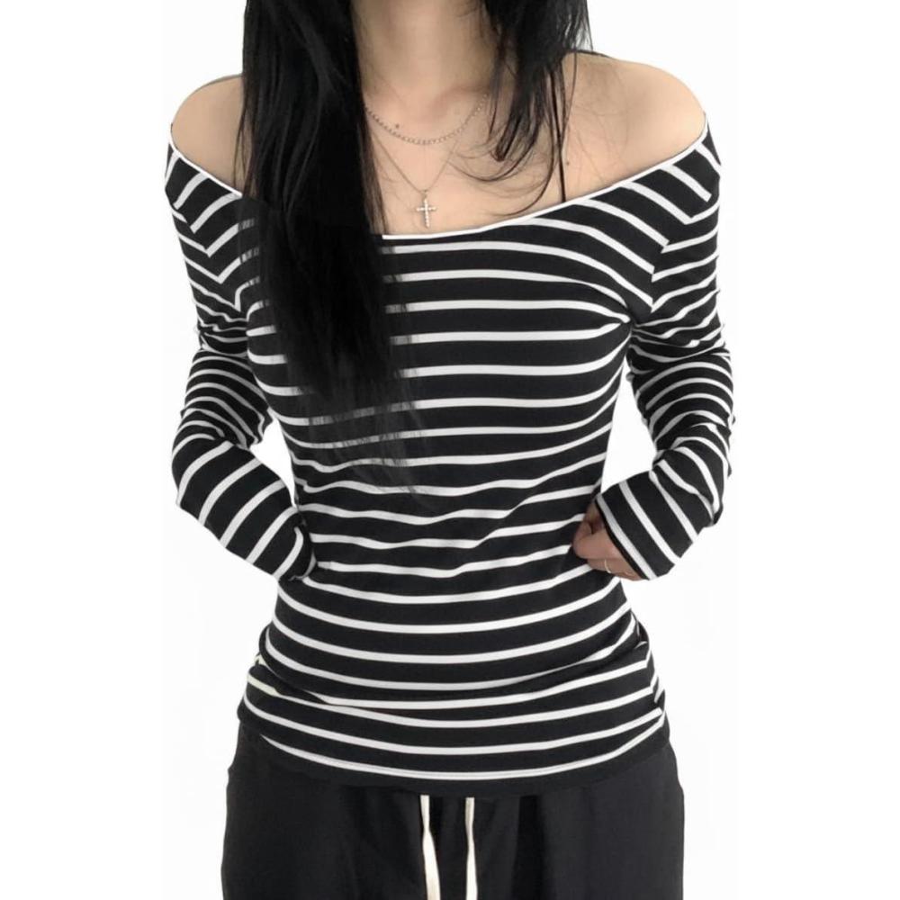 imageEMMIOL Off The Shoulder Tops for Women Striped Long Sleeve Shirts Going Out Top Y2k Fall ClothesBlack