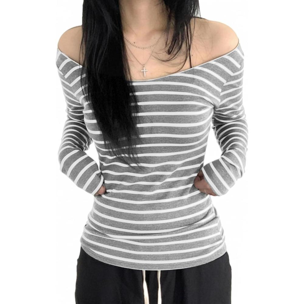 imageEMMIOL Off The Shoulder Tops for Women Striped Long Sleeve Shirts Going Out Top Y2k Fall ClothesLight Grey