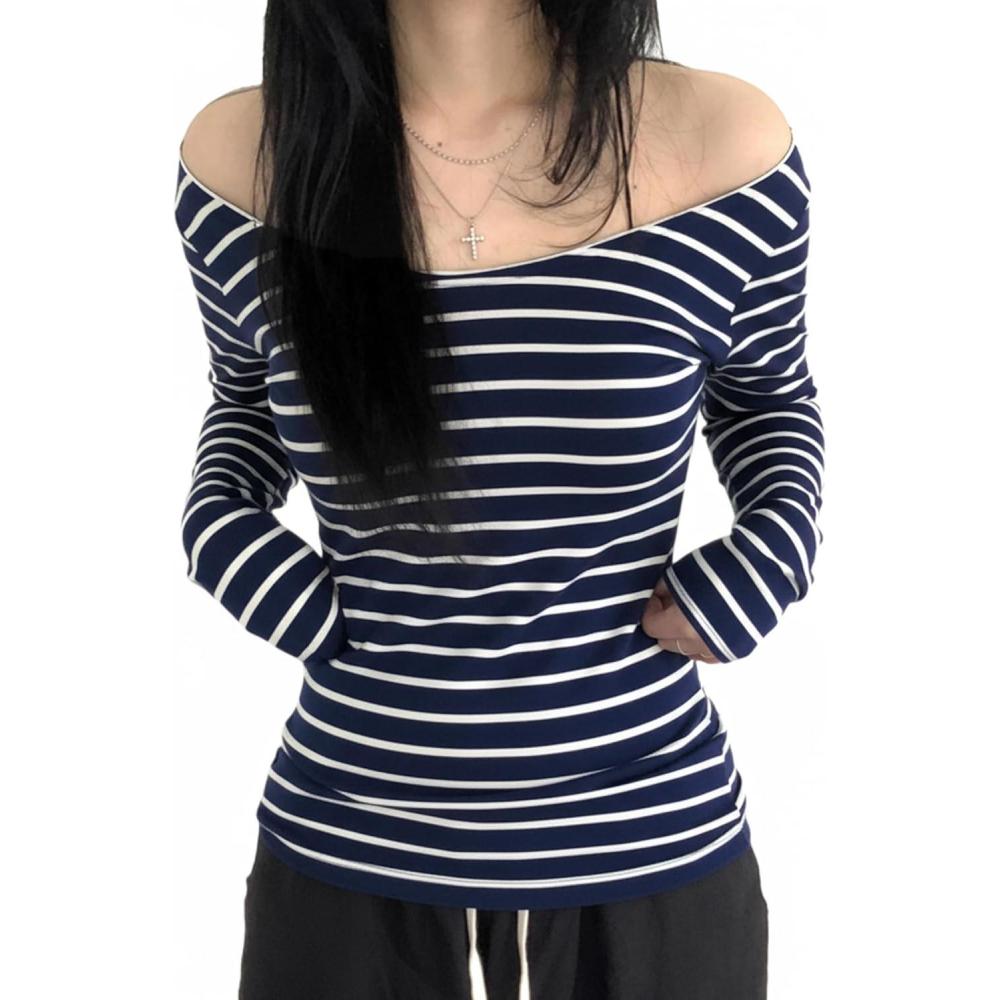 imageEMMIOL Off The Shoulder Tops for Women Striped Long Sleeve Shirts Going Out Top Y2k Fall ClothesNavy Blue