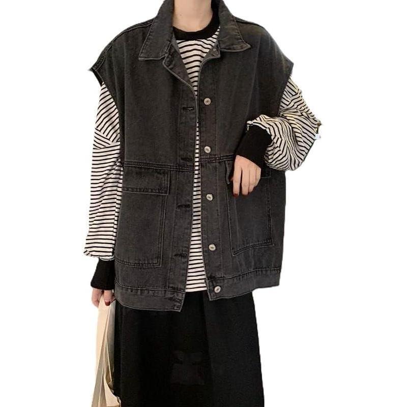 imageEMMIOL Womens Denim Vest Slim Fit Jean Vest Top with Pockets Vintage Y2K Streetwear Sleeveless Jacket Trendy 2025
