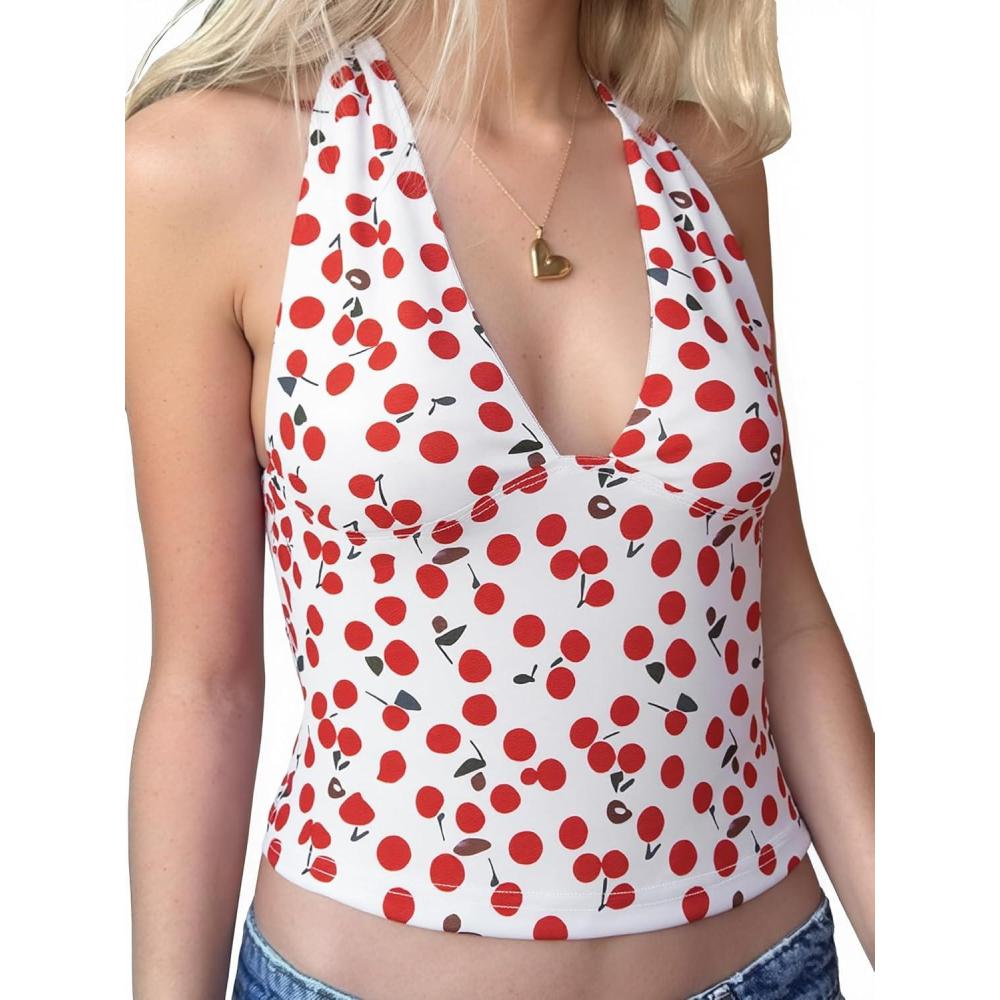 imageHalter Tops for Women Summer Crop Deep V Neck Blackless Tank Top Going Out Y2k Coquette Clothes White Cherry