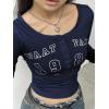 Women Long Sleeve Shirts Henley T-Shirts Ribbed Graphic Crop Tops Cute Tee Going Out Navy Blue