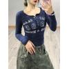 Women Long Sleeve Shirts Henley T-Shirts Ribbed Graphic Crop Tops Cute Tee Going Out Navy Blue