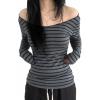 EMMIOL Off The Shoulder Tops for Women Striped Long Sleeve Shirts Going Out Top Y2k Fall Clothes(Deep Blue)
