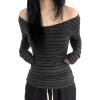 EMMIOL Off The Shoulder Tops for Women Striped Long Sleeve Shirts Going Out Top Y2k Fall Clothes(Grey)