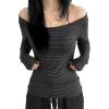 EMMIOL Off The Shoulder Tops for Women Striped Long Sleeve Shirts Going Out Top Y2k Fall Clothes(Grey Pinstripe)