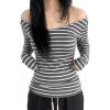 EMMIOL Off The Shoulder Tops for Women Striped Long Sleeve Shirts Going Out Top Y2k Fall Clothes(Grey and White Striped)