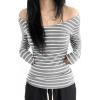 EMMIOL Off The Shoulder Tops for Women Striped Long Sleeve Shirts Going Out Top Y2k Fall Clothes(Light Grey)