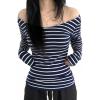 EMMIOL Off The Shoulder Tops for Women Striped Long Sleeve Shirts Going Out Top Y2k Fall Clothes(Navy Blue)