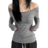 EMMIOL Off The Shoulder Tops for Women Striped Long Sleeve Shirts Going Out Top Y2k Fall Clothes(Navy Blue Pinstripe)