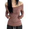 EMMIOL Off The Shoulder Tops for Women Striped Long Sleeve Shirts Going Out Top Y2k Fall Clothes(Wine Red Pinstripe)