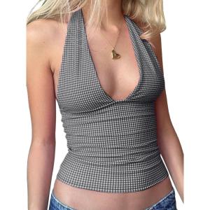 EMMIOL Halter Tops for Women Summer Crop Deep V Neck Blackless Tank Top Going Out Y2k Coquette Clothes(Black Plaid)