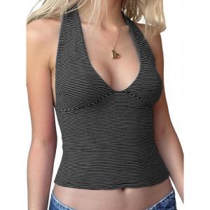EMMIOL Halter Tops for Women Summer Crop Deep V Neck Blackless Tank Top Going Out Y2k Coquette Clothes(Black Striped)