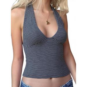 EMMIOL Halter Tops for Women Summer Crop Deep V Neck Blackless Tank Top Going Out Y2k Coquette Clothes(Navy Blue Striped)