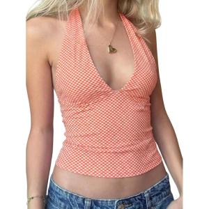 EMMIOL Halter Tops for Women Summer Crop Deep V Neck Blackless Tank Top Going Out Y2k Coquette Clothes(Orange Plaid)