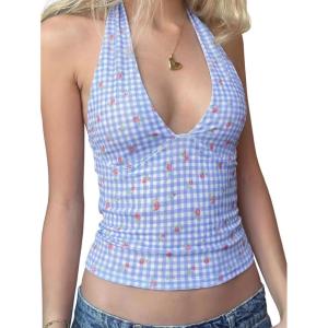 EMMIOL Halter Tops for Women Summer Crop Deep V Neck Blackless Tank Top Going Out Y2k Coquette Clothes(Pink Plaid 02)