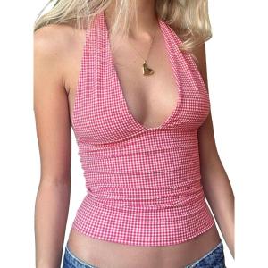 EMMIOL Halter Tops for Women Summer Crop Deep V Neck Blackless Tank Top Going Out Y2k Coquette Clothes(Pink Plaid)