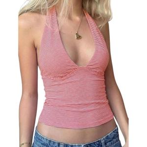 EMMIOL Halter Tops for Women Summer Crop Deep V Neck Blackless Tank Top Going Out Y2k Coquette Clothes(Red Striped)