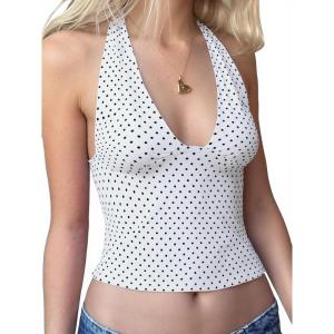 EMMIOL Halter Tops for Women Summer Crop Deep V Neck Blackless Tank Top Going Out Y2k Coquette Clothes(White Polka Dot(with Padded))