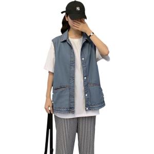 EMMIOL Jean Vest Top for Women Casual Denim Vest Sleeveless Jean Jacket with Pockets(Blue-050)
