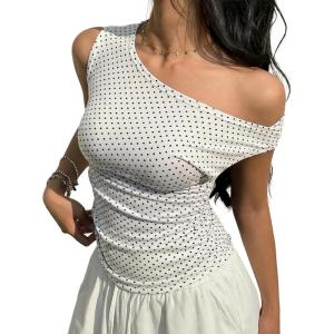 EMMIOL Off Shoulder Tops for Women Cute Sleeveless Polka Dot Shirts Ruched Sexy Going Out Tank Top Y2K Clothes(White Polka Dot)