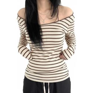 EMMIOL Off The Shoulder Tops for Women Striped Long Sleeve Shirts Going Out Top Y2k Fall Clothes(Beige)