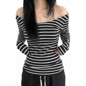 EMMIOL Off The Shoulder Tops for Women Striped Long Sleeve Shirts Going Out Top Y2k Fall Clothes(Black)