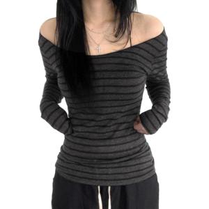 EMMIOL Off The Shoulder Tops for Women Striped Long Sleeve Shirts Going Out Top Y2k Fall Clothes(Grey)