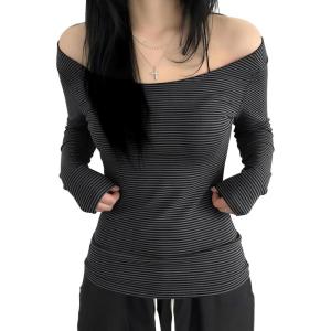 EMMIOL Off The Shoulder Tops for Women Striped Long Sleeve Shirts Going Out Top Y2k Fall Clothes(Grey Pinstripe)