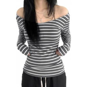 EMMIOL Off The Shoulder Tops for Women Striped Long Sleeve Shirts Going Out Top Y2k Fall Clothes(Grey and White Striped)
