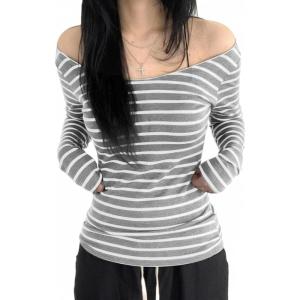 EMMIOL Off The Shoulder Tops for Women Striped Long Sleeve Shirts Going Out Top Y2k Fall Clothes(Light Grey)