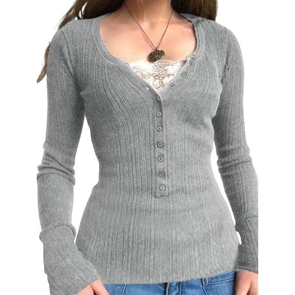 imageEMMIOL Long Sleeve Henley Shirts for Womens  V Neck Button Ribbed Knit Tops Slim Fit Casual Trendy Lace Tunics Blouse2grey