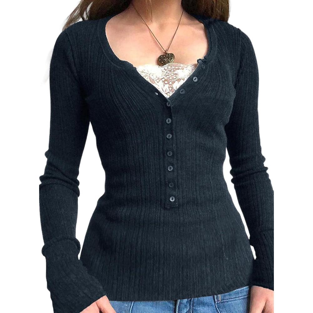 imageEMMIOL Long Sleeve Henley Shirts for Womens  V Neck Button Ribbed Knit Tops Slim Fit Casual Trendy Lace Tunics Blouse2navy Blue