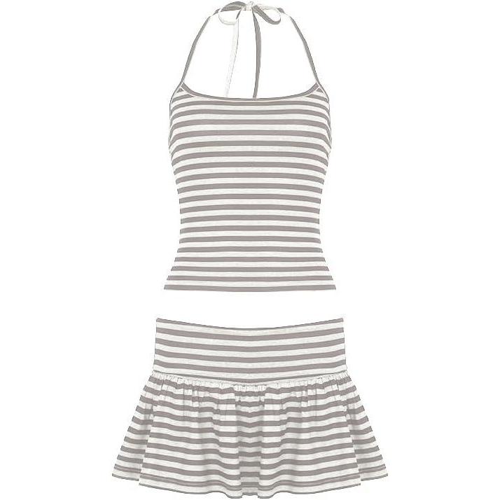 imageEMMIOL Womens 2 Piece Striped Outfits 2025 Summer Sexy Halter Tops Skorts Sets Beach Vacation ClothesApricot