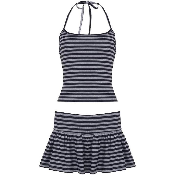 imageEMMIOL Womens 2 Piece Striped Outfits 2025 Summer Sexy Halter Tops Skorts Sets Beach Vacation ClothesBlack